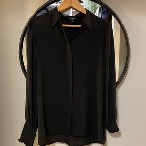 Express Black Long-Sleeve Button-Front Blouse with Smocked Cuffs